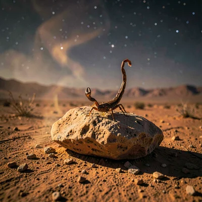 Desert environment photograph, extreme heat conditions, A scorpion on a rock at 