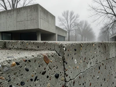 Brutalist concrete building in fog, ominous geometry, bare trees
