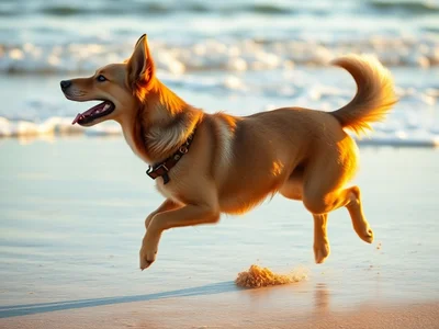 Candid photography style, a joyful dog running along the shoreline on a beach, captured mid-stride with sand spraying un