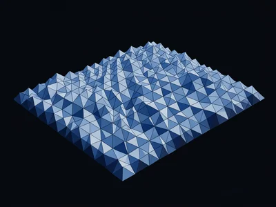 Tessellated triangles forming a 3D terrain map in monochrome blues