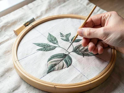 Hands Holding Hoop with Botanical Leaf Design