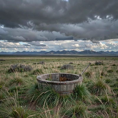 Vast horizontal landscape, extreme width composition, A well with wooden bucket 