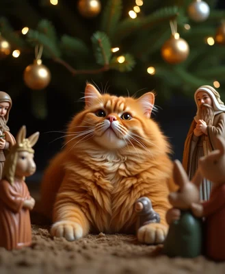 Selfie of a super fat orange cat sitting in nativi