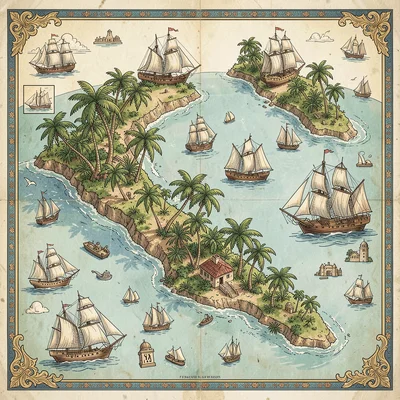 Illustrated map illustration, Caribbean islands with palm trees and sailing ship