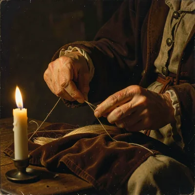 Close-up of a lacemaker's fingers working by candlelight, only hands and thread 