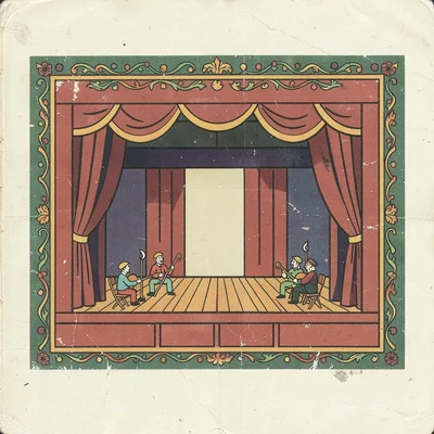 Czech matchbox label illustration, a traditional puppet theater stage , vintage 