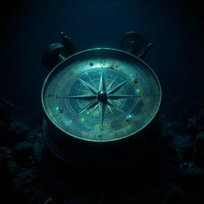 Compass rose on antique surveying instrument, hand-engraved cardinal points