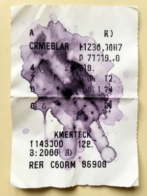 A receipt that got wet, the thermal print bleeding and running in organic waterc