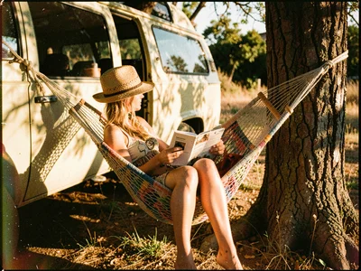 Reading in hammock by the van
