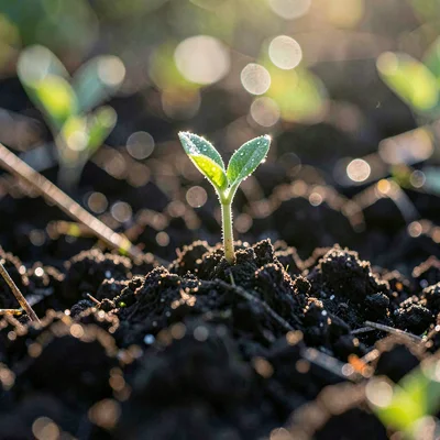 Macro view of dark loam soil with a single seedling pushing through, dew beads c