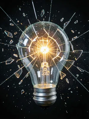 Light bulb at instant of shattering with filament still glowing among frozen gla