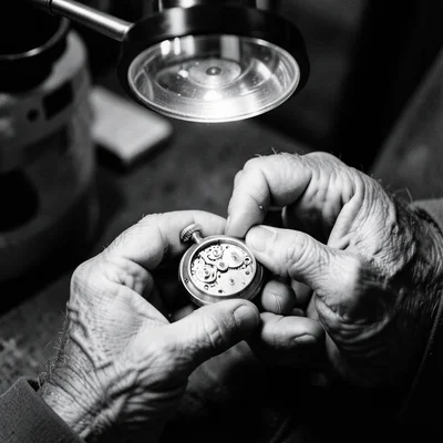 An old man's hands repairing a pocket watch, the tiny gears visible, a magnifyin