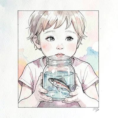 Pen-and-ink narrative panel of a child holding a glass jar with a tiny fish insi