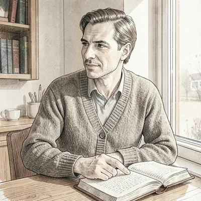 Line-drawn author portrait turned three-quarters toward a window, soft hatched c
