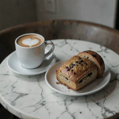 Coffee and pastry on marble table