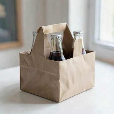 Folded kraft six-pack carrier wrapping around paper bottles, soft museum dayligh