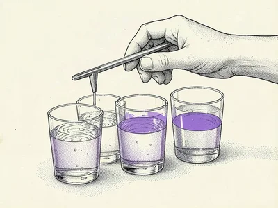Detailed pen composition of a single hand holding a tuning fork over a row of gl