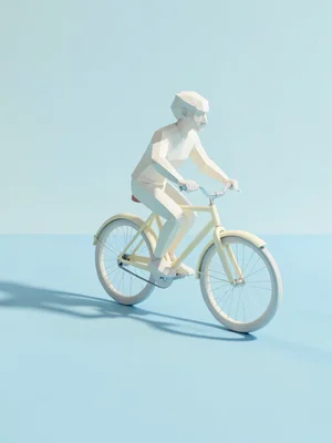 Faceted character riding a cream bicycle frozen mid-pedal on a sky-blue ground p