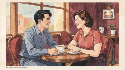 Gouache illustration, couple at cafe table , opaque matte pigment, flat color ar