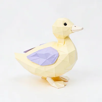 Webbed butter-yellow lowpoly duck with a tiny cream beak and lavender wing fold,