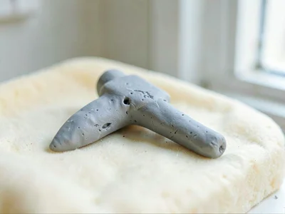 Dulled putty-grey ax head with a slumped blade and fingernail dents along its fa