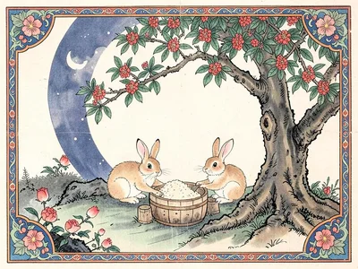 Pair of rabbits on the moon pounding rice cake beneath a cassia tree