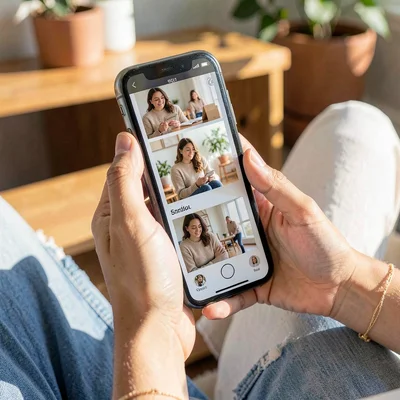 Lifestyle product photograph, Hands scrolling through product photos on phone, s