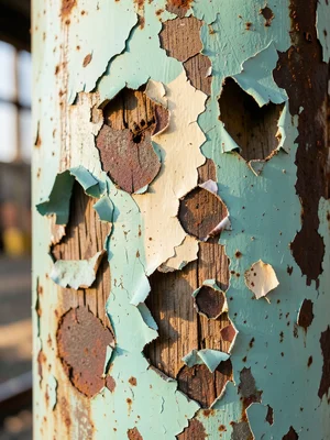 Industrial metal column paint, heavily chipped from impacts, random constellatio