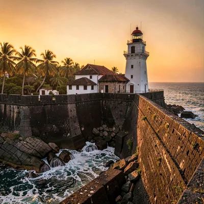 Galle fort golden hour, Dutch colonial tropical, Lighthouse at sunset, white tow