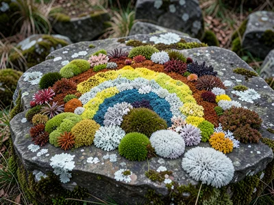 Rainbow of different moss and lichen species arranged on stone, natural spectrum