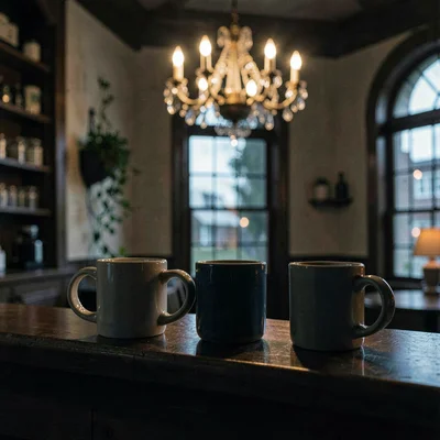 Atmospheric service pass with a row of mugs at the rail, warm chandelier overhea