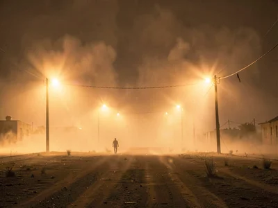 Electric lights glowing with exaggerated coronas through dust
