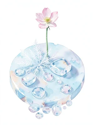 Pebble-ice and frost-flower coexistence on pale ice plate, rounded chips below a