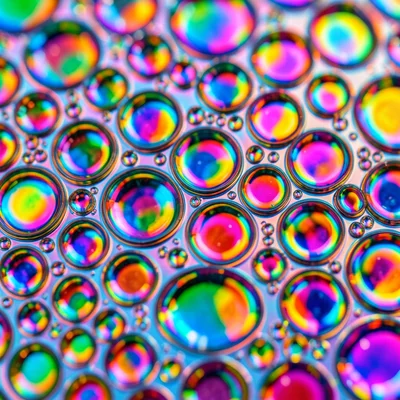 Oil drops on water reflecting school colors, macro celebration palette