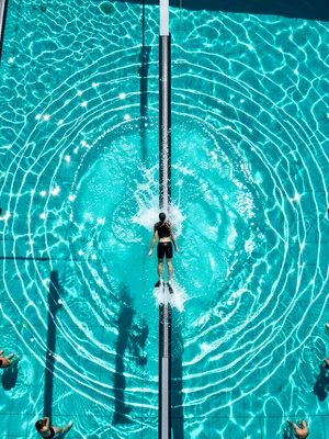 A diver entering water from a high board, the splash pattern radiating in concen