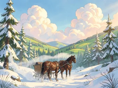 Horse-drawn sleigh through snowy forest, cloud of breath, bells