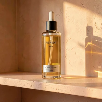 Warm vertical of a tall glass bottle of bath oil on a peach plaster shelf, late 