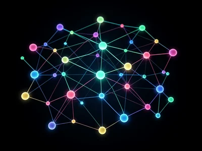 A network graph of interconnected nodes, each node a different size, edges showi