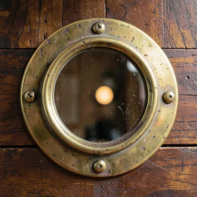 Vertical macro of a brass porthole frame with subtle tarnish
