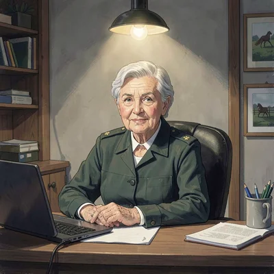 Sigrid-lampline portrait of a senior steward at a paddock office desk, single wa