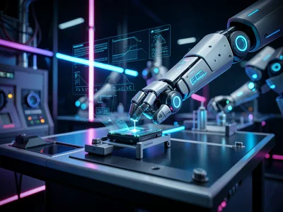 Robotic arm assembling a small electronic device on a factory line