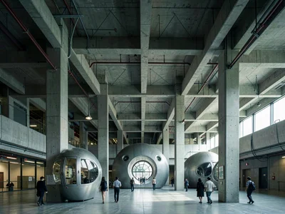 Main entrance lobby under a massive concrete pilotis grid, pedestrians small ben