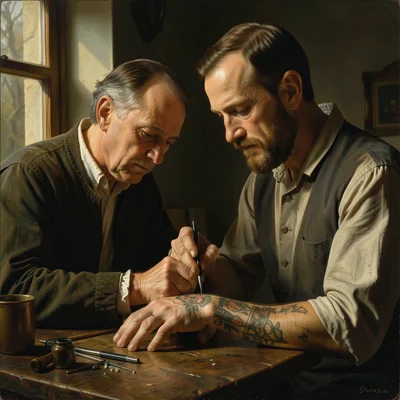 A tattoo artist working on a client's arm, the needle catching light, both faces