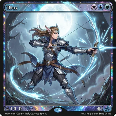 Trading card game illustration, an elven archer drawing a bow of pure moonlight,