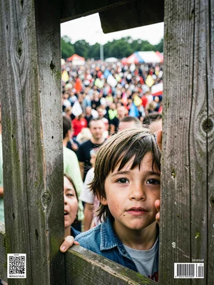 Child peering through a gap in a wooden fence at a large public event beyond