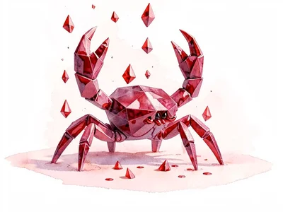 Glassy ruby lowpoly crab squatting wide with claws raised and internal red facet