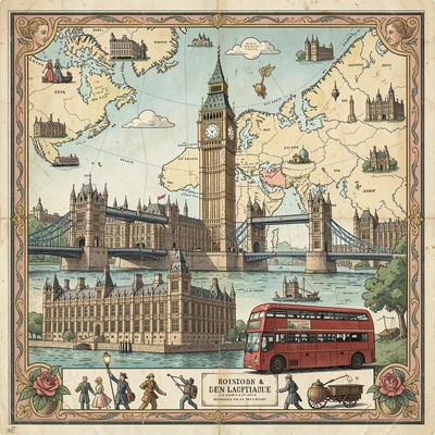 Illustrated map illustration, London with Big Ben, Tower Bridge, and double deck