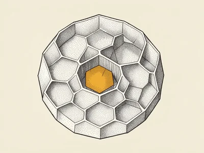 Cutaway of a beehive drawn in stippled hexagons highlights one ochre cell near t