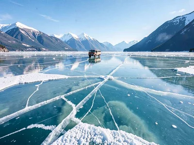 Vehicle on ice showing scale of clear expanse