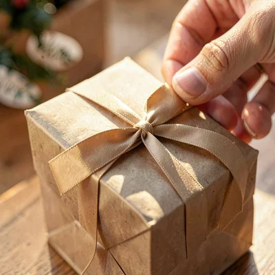 Cropped detail of a hand-tied ribbon on a folded paper goodie bag, warm side lig